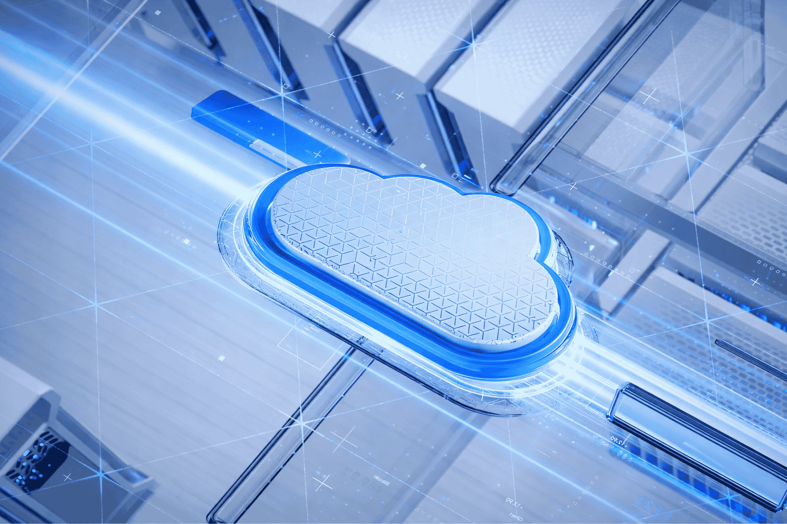 Futuristic cloud icon glowing green in a digital server environment.