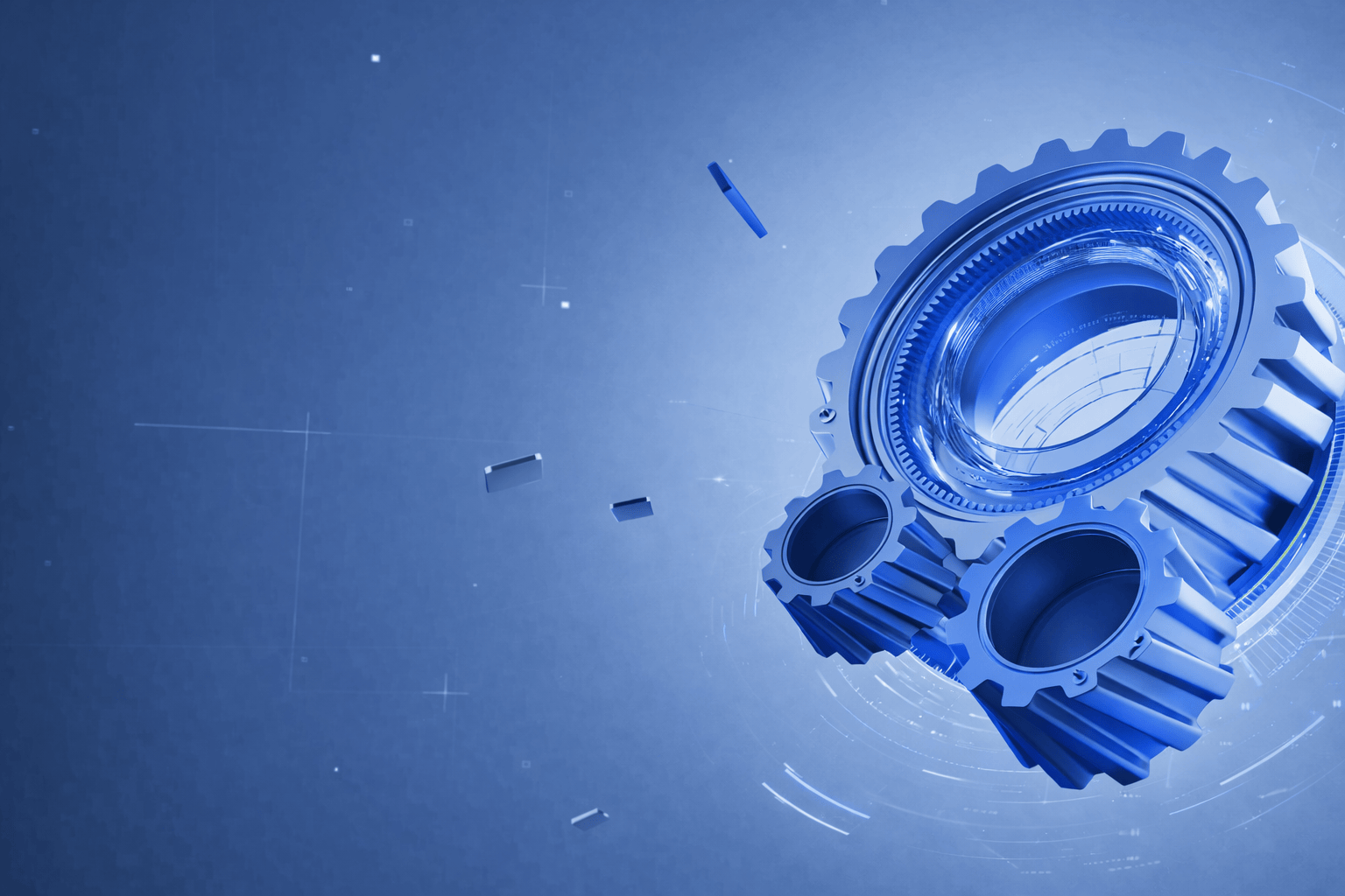 Futuristic green and silver gears with digital elements on a dark background.