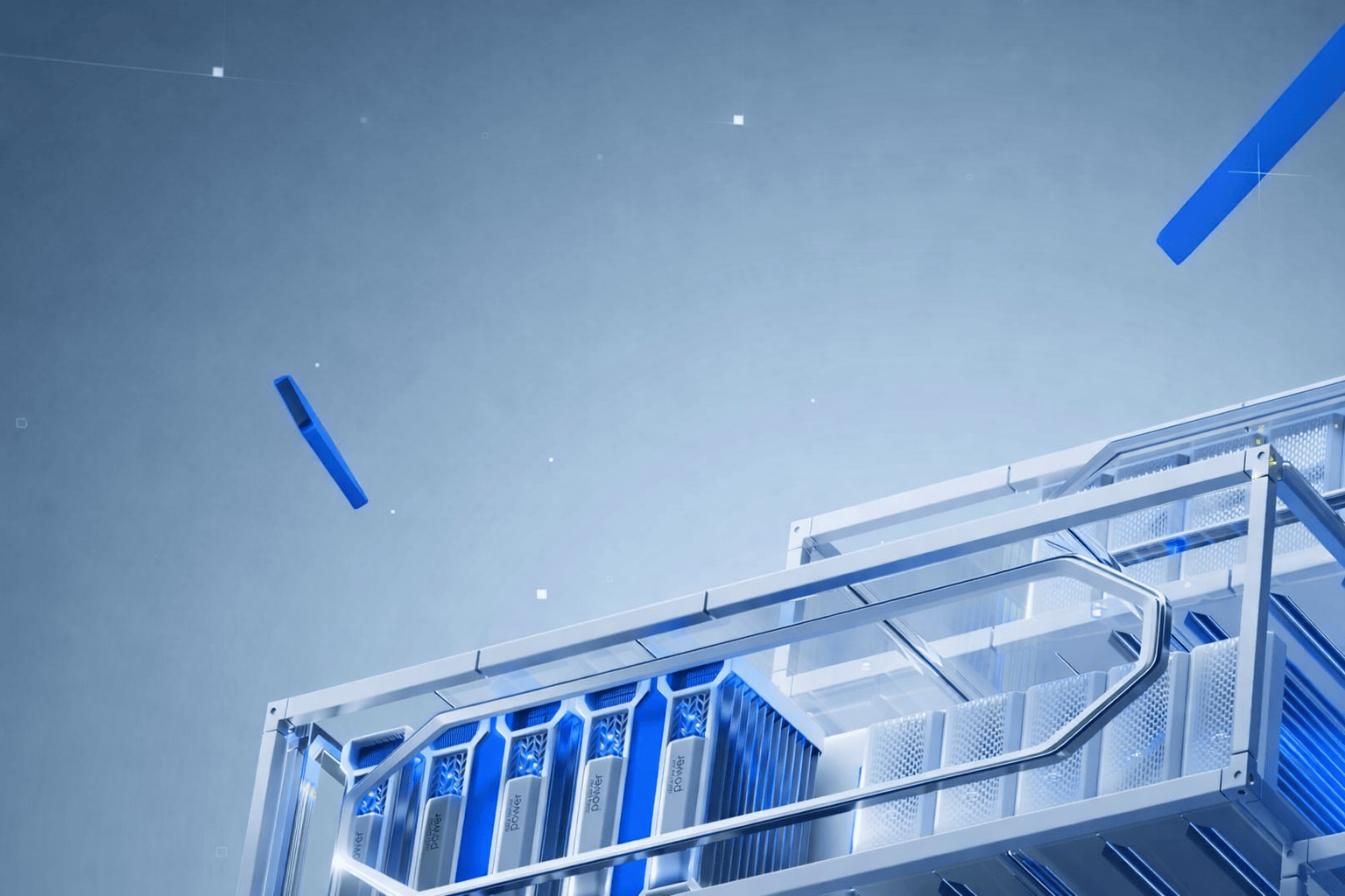 Futuristic server rack with glowing green power modules and abstract digital elements.